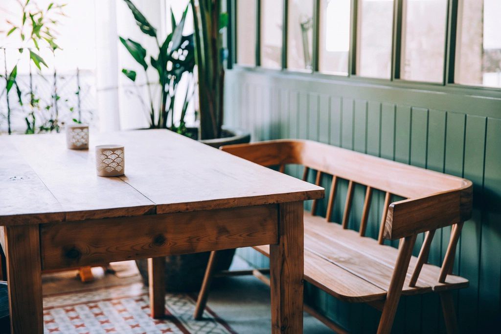 Rustic café table with a matching bench