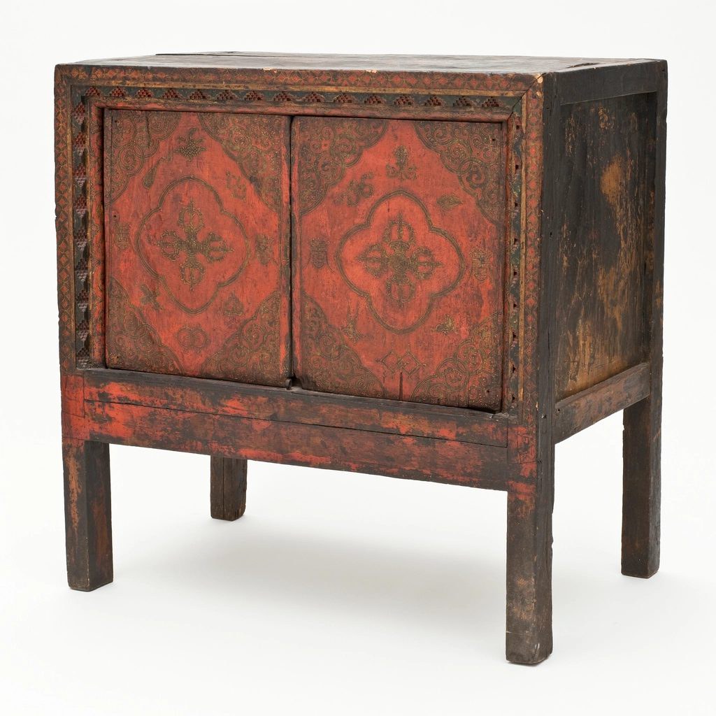 Hand-painted two-door cabinet with red panels